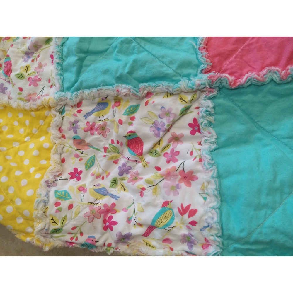 Handmade Patchwork Rag Quilt Pink Yellow Turquoise Bird Floral Polka Dot Throw - Picture 4 of 4